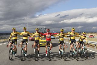 Jumbo Visma celebrate Primoz Roglic's victory in the 2020 Vuelta a Espana