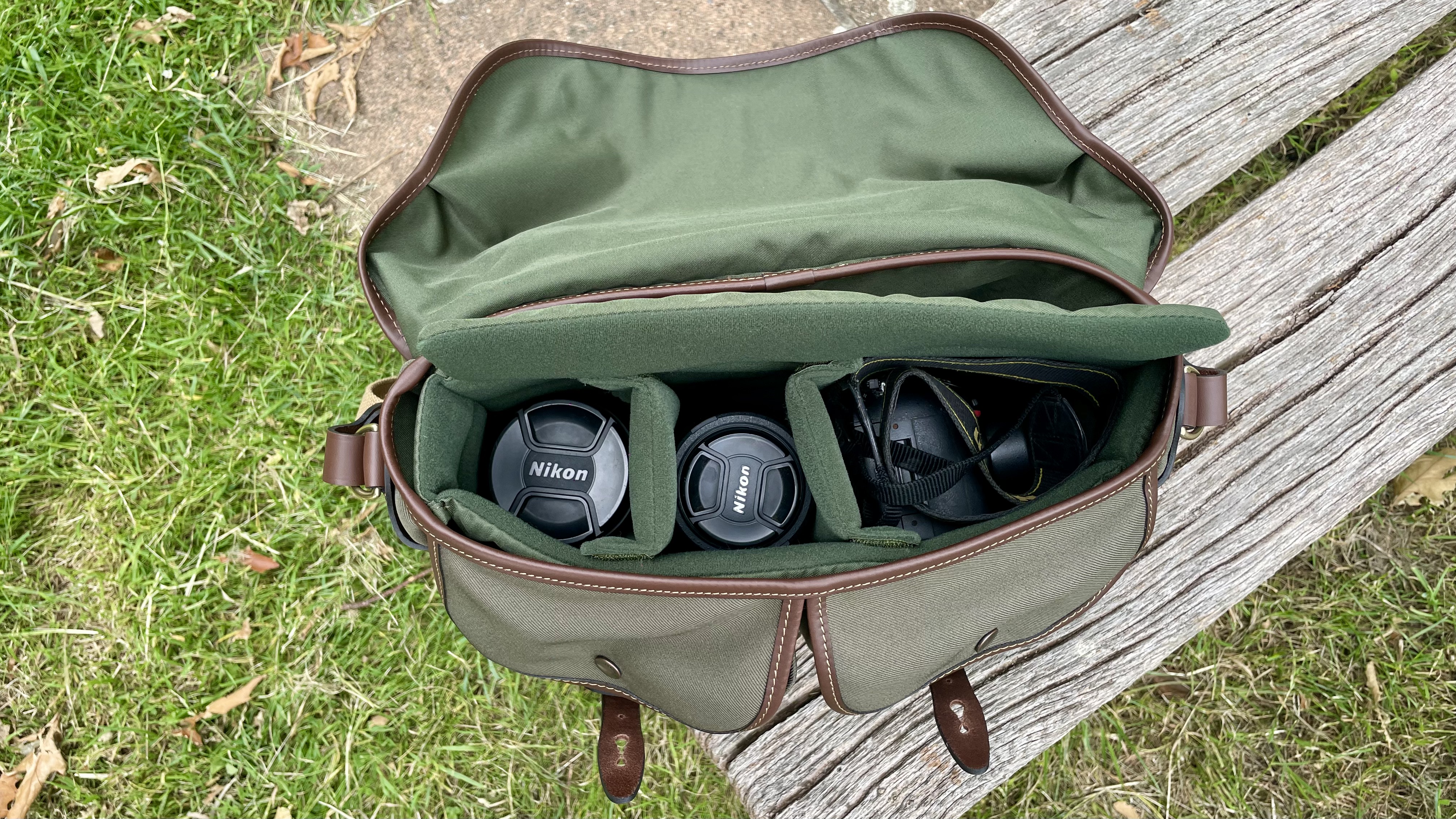 Billingham Hadley Pro 2020 camera bag outdoors on a park bench