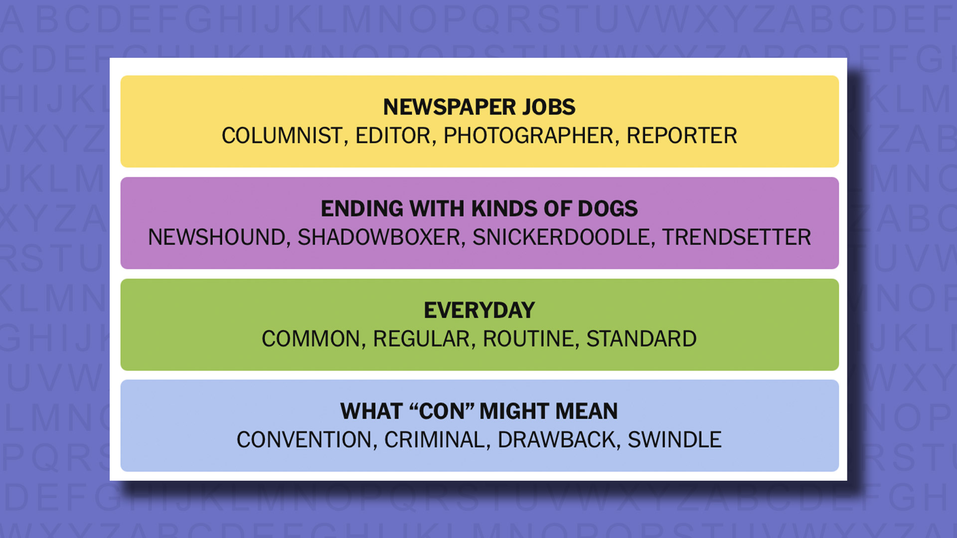 NYT Connections answers for game 726 on a purple background
