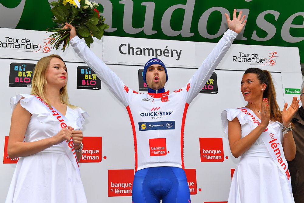 Maximilian Schachmann in the white jersey after stage 1 at Tour de Romandie