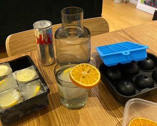 Louise's apartment with ice cub trays and a carafe