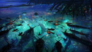 Official concept art for the movie Avatar: Fire and Ash. It is nighttime and a large group are gathering in a circle around a bright spot in the ocean. The group includes tall, slender blue people on small boats, giant slug-like creatures, and smaller sea creatures.