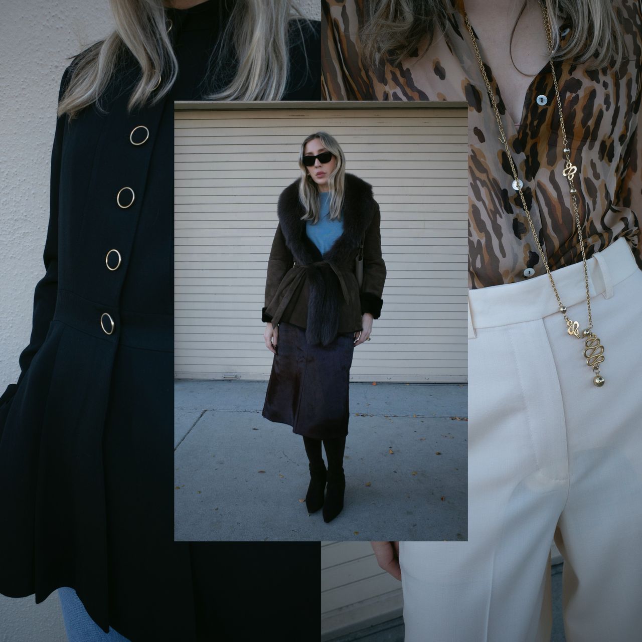 Angela Fink wearing a black jacket; Angela Fink wearing a fur coat; Angela Fink wearing a leopard print top