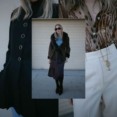 Angela Fink wearing a black jacket; Angela Fink wearing a fur coat; Angela Fink wearing a leopard print top