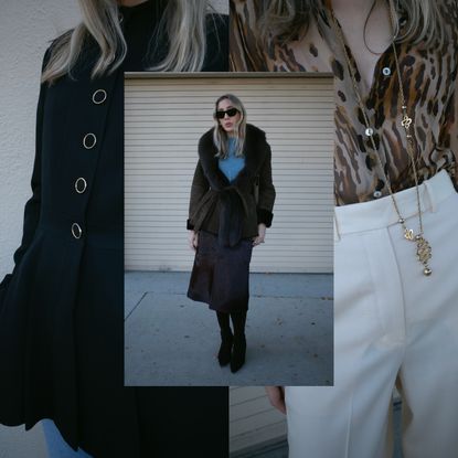 Angela Fink wearing a black jacket; Angela Fink wearing a fur coat; Angela Fink wearing a leopard print top