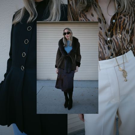Angela Fink wearing a black jacket; Angela Fink wearing a fur coat; Angela Fink wearing a leopard print top