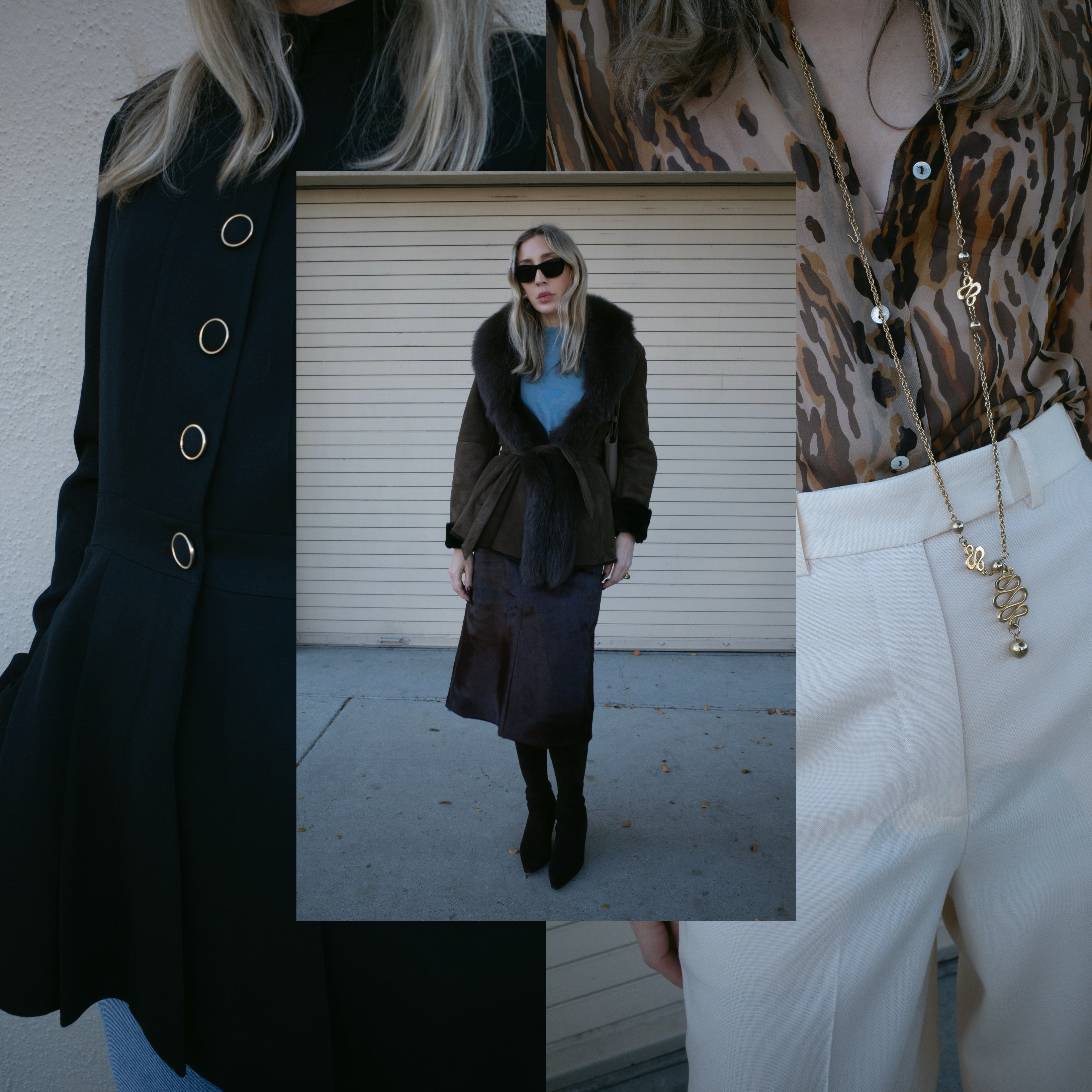 Angela Fink wearing a black jacket; Angela Fink wearing a fur coat; Angela Fink wearing a leopard print top