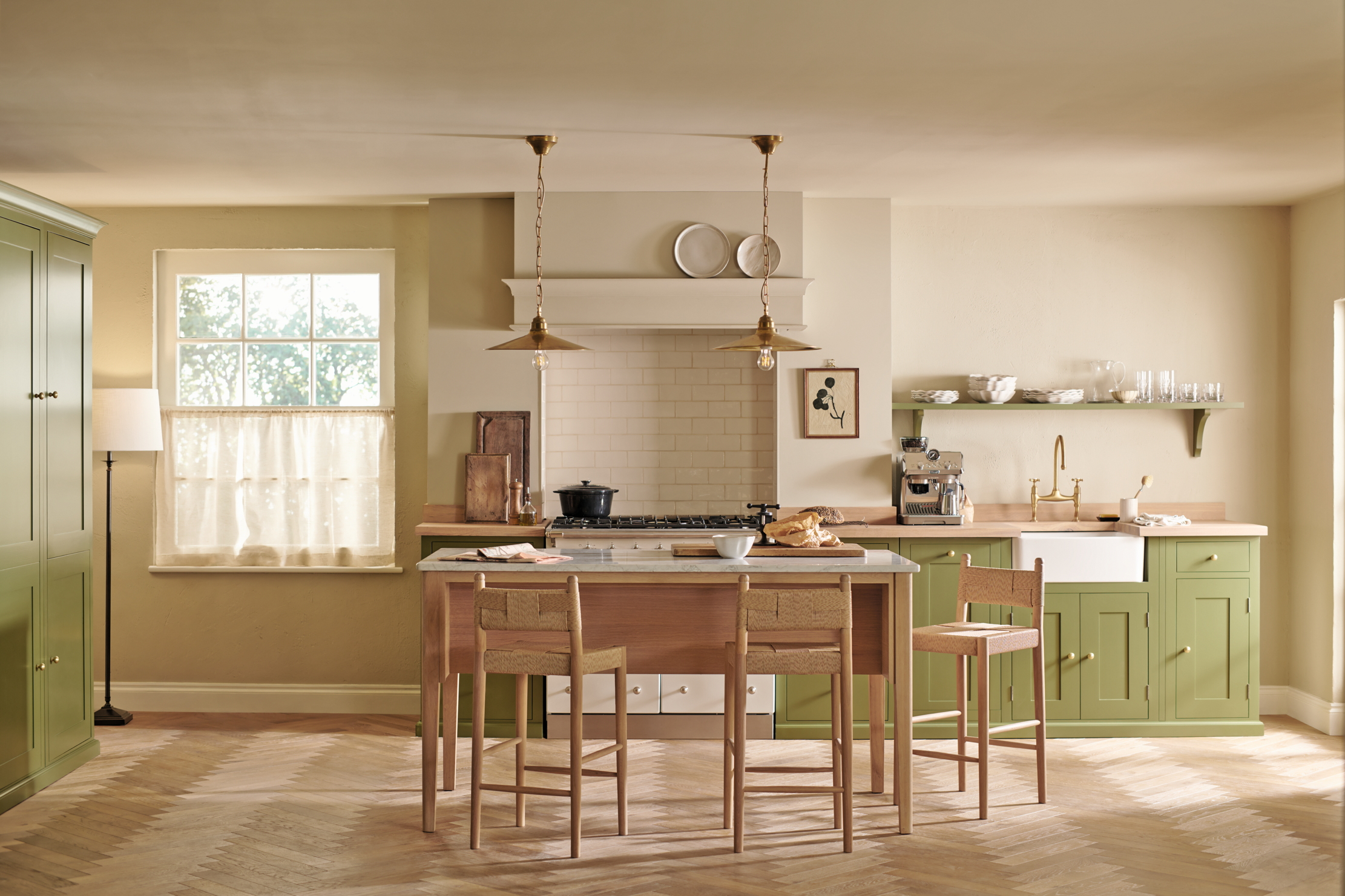 Neptune's borough oak freestanding island. comes with a Carrara-marble worktop