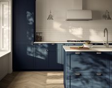 A kitchen with blue cabinetry
