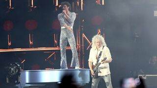 Benson Boone and Queen guitarist Brian May on the Coachella Stage at the 2025 Coachella in Indio, CA on Friday, April 11, 2025