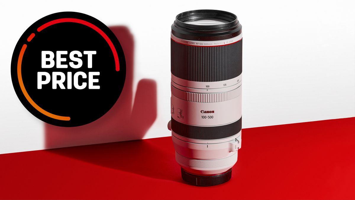 A Canon RF 100-500mm f/4.5-7.1 L IS USM lens against a white background on a red surface, against a white background, with the graphic &quot;BEST PRICE&quot;