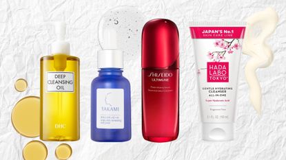 Lineup of J-beauty products (L-R) from DHC, Takami, Shiseido and Hada Labo Tokyo, on a white textured background with oil, serum and cream swatches