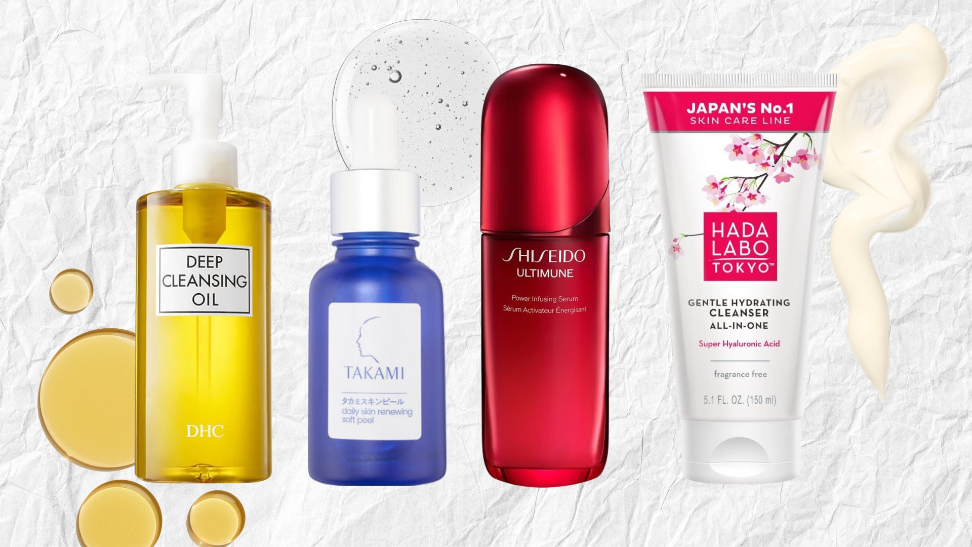 Lineup of J-beauty products (L-R) from DHC, Takami, Shiseido and Hada Labo Tokyo, on a white textured background with oil, serum and cream swatches
