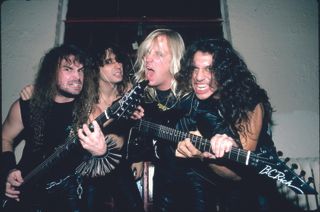 Kerry King, Dave Lombardo, Jeff Hanneman and Tom Araya backstage at Chicago’s Aragon Ballroom on the Reign In Blood Tour, 1986