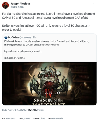 Screenshot of Tweet from Joseph Piepiora, Diablo 4's assistant game director