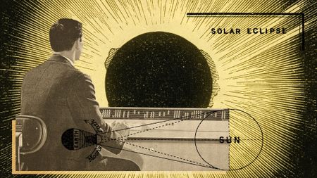 Illustrative collage of a man at a console table, with a solar eclipse happening in front of the console