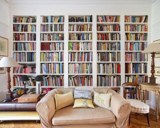 Floor-to-ceiling bookshelves, filled with books, behind a plush sofa