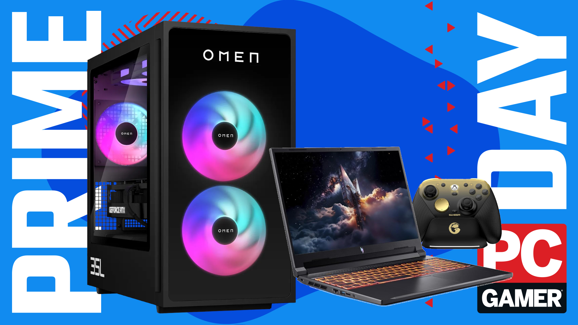 Three products on a Prime Day banner image with the PC Gamer logo.