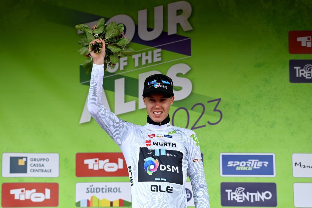 RITTEN ITALY APRIL 18 Max Poole of United Kingdom and Team DSM celebrates at podium as White best young jersey winner during the 46th Tour of the Alps 2023 Stage 2 a 1652km stage from Reith im Alpbachtal to Ritten 1174m on April 18 2023 in Reith im Alpbachtal Italy Photo by Tim de WaeleGetty Images