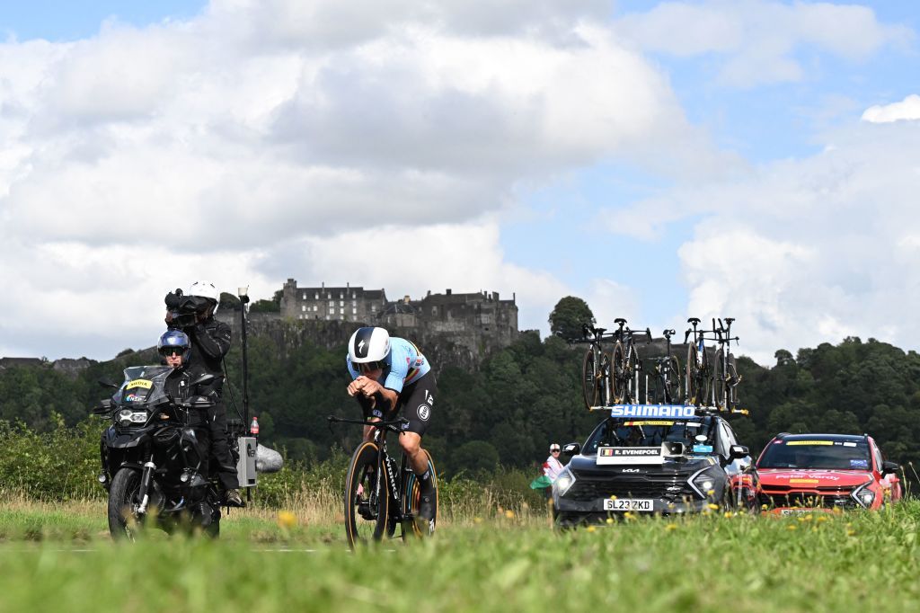 Belgiums Remco Evenepoel takes part in the mens Individual Time Trial in Stirling during the UCI Cycling World Championships in Scotland on August 11 2023 Photo by Oli SCARFF AFP Photo by OLI SCARFFAFP via Getty Images