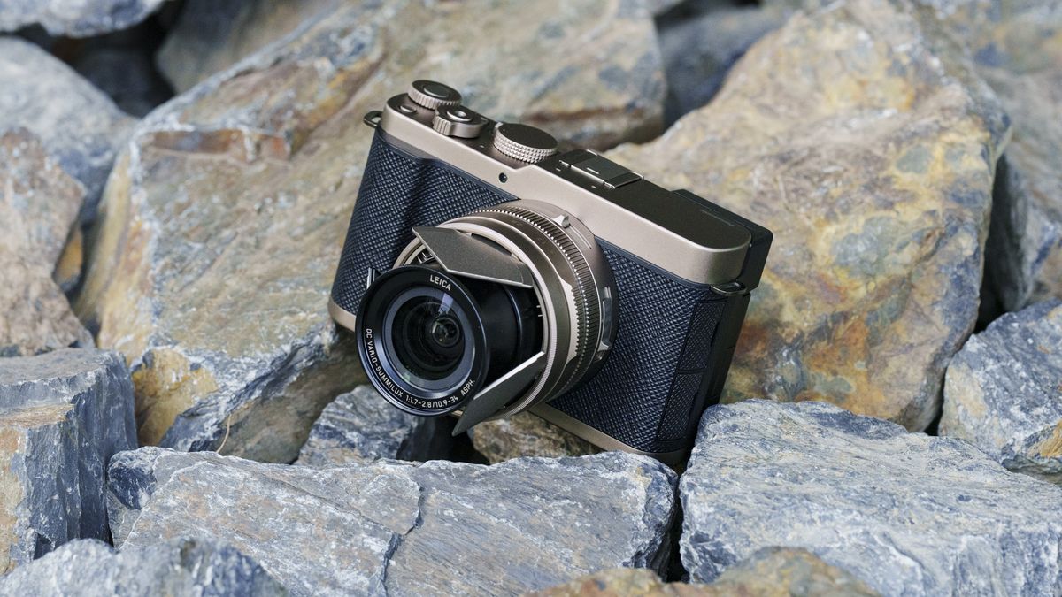 The Gold Titanium Special Edition of the Panasonic Lumix L10 compact camera, sat on gray and rust-colored rocks