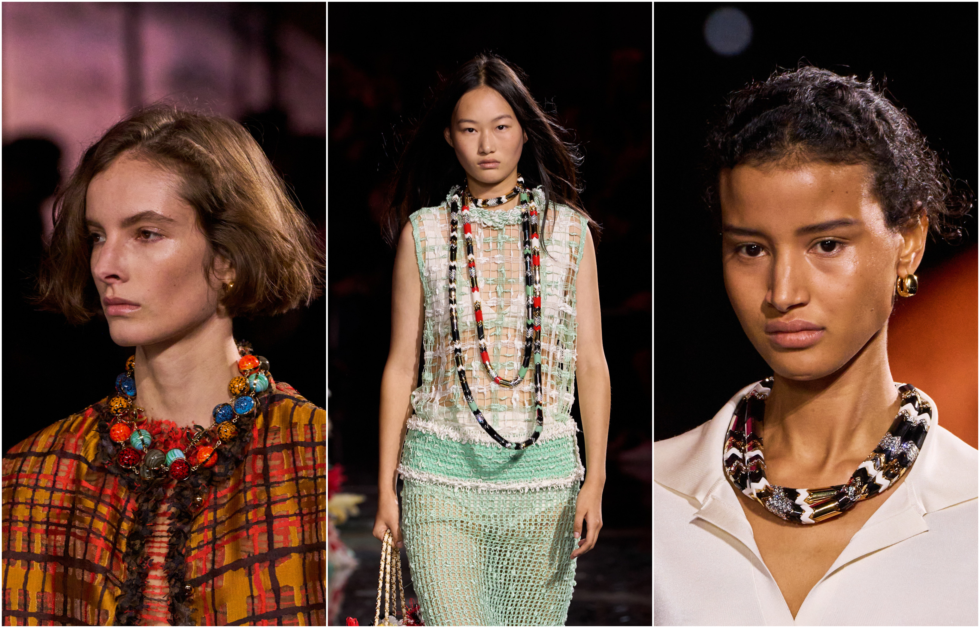 a collage of models walking Chanel Spring 2026 runway wearing colorful chunky beaded necklaces