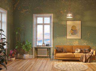 The interior of an apartment with sofa and window and green walls