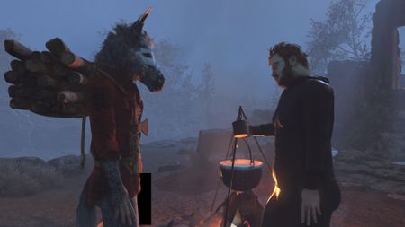 A donkey man speaks with Nate in Baby Steps at a campsite