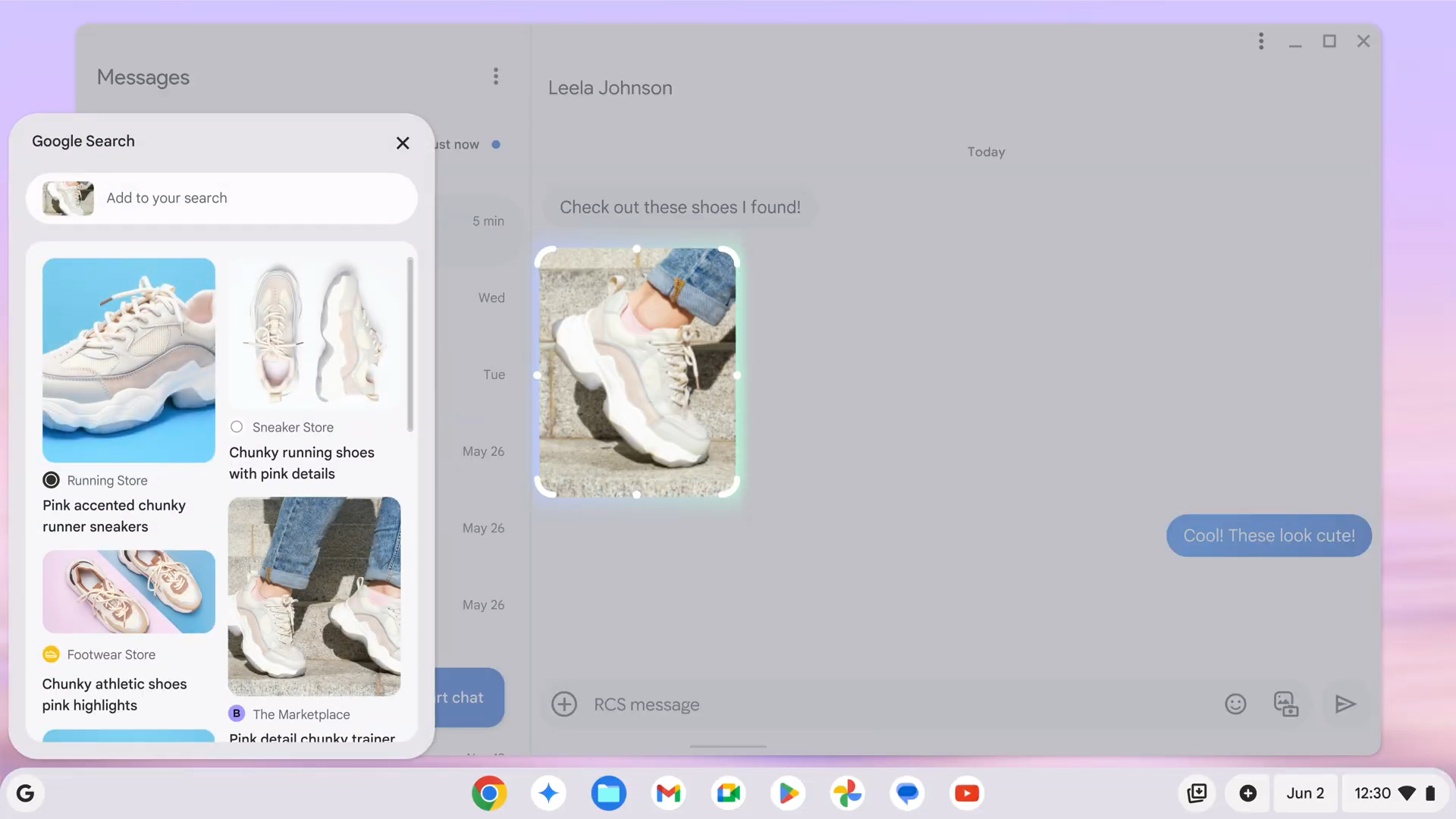 A Chromebook screen showing a messaging conversation where a user shares a picture of chunky sneakers. The Google 'Search with image' feature is active, displaying similar shoes and product listings, sourced from various online stores.