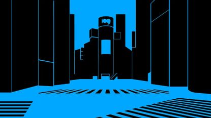 A black and blue image shows a stylized version of Tokyo's Shibuya crossing