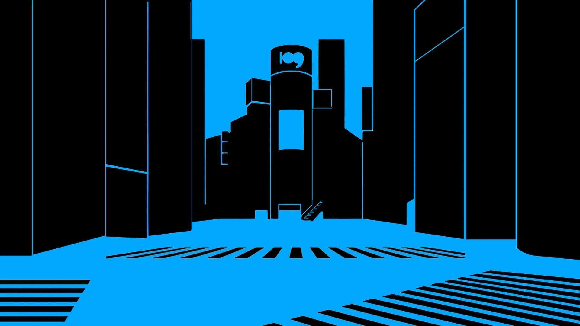 A black and blue image shows a stylized version of Tokyo's Shibuya crossing