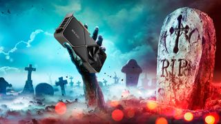 Zombie hand bursting through a grave and holding the RTX 4080 GPU 