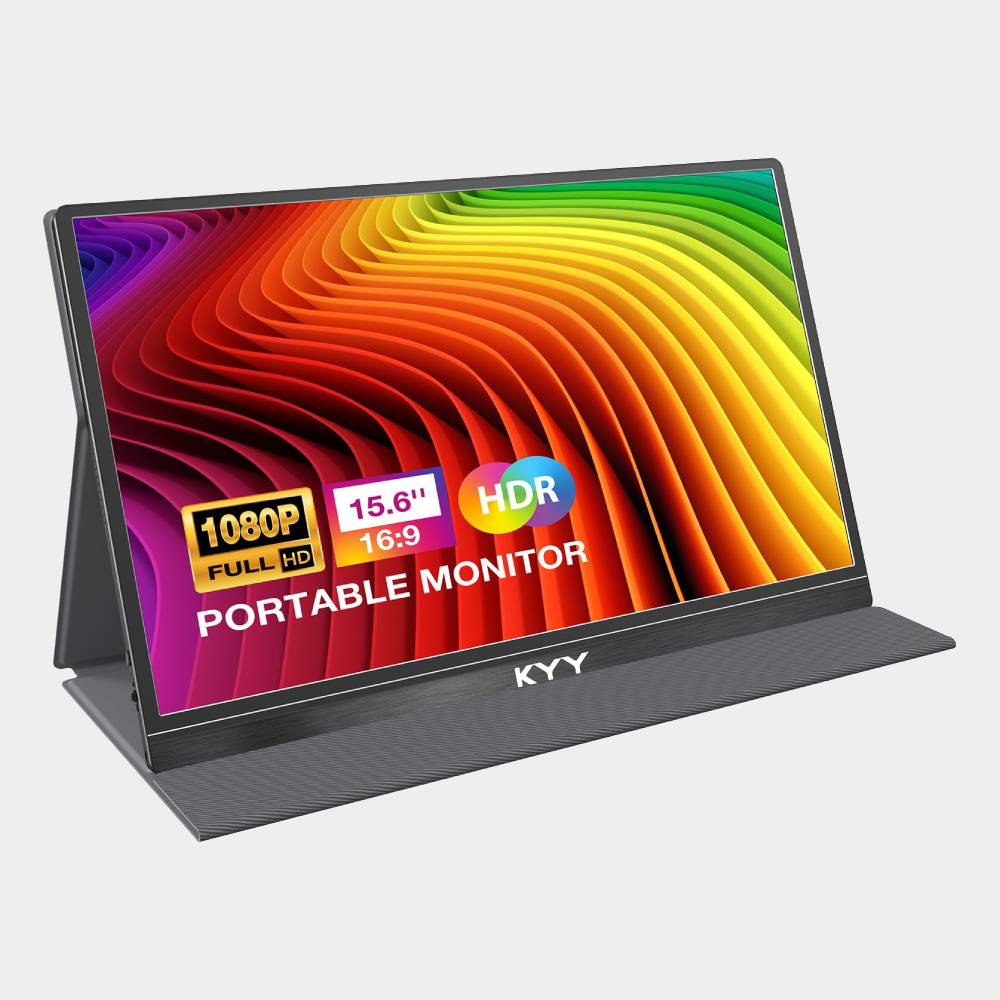 KYY K4 Portable Monitor with rainbow graphic on screen.