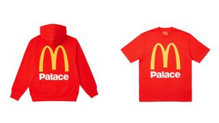 A red hoodie and t-shirt, both with the McDonald's x Palace logo on them.