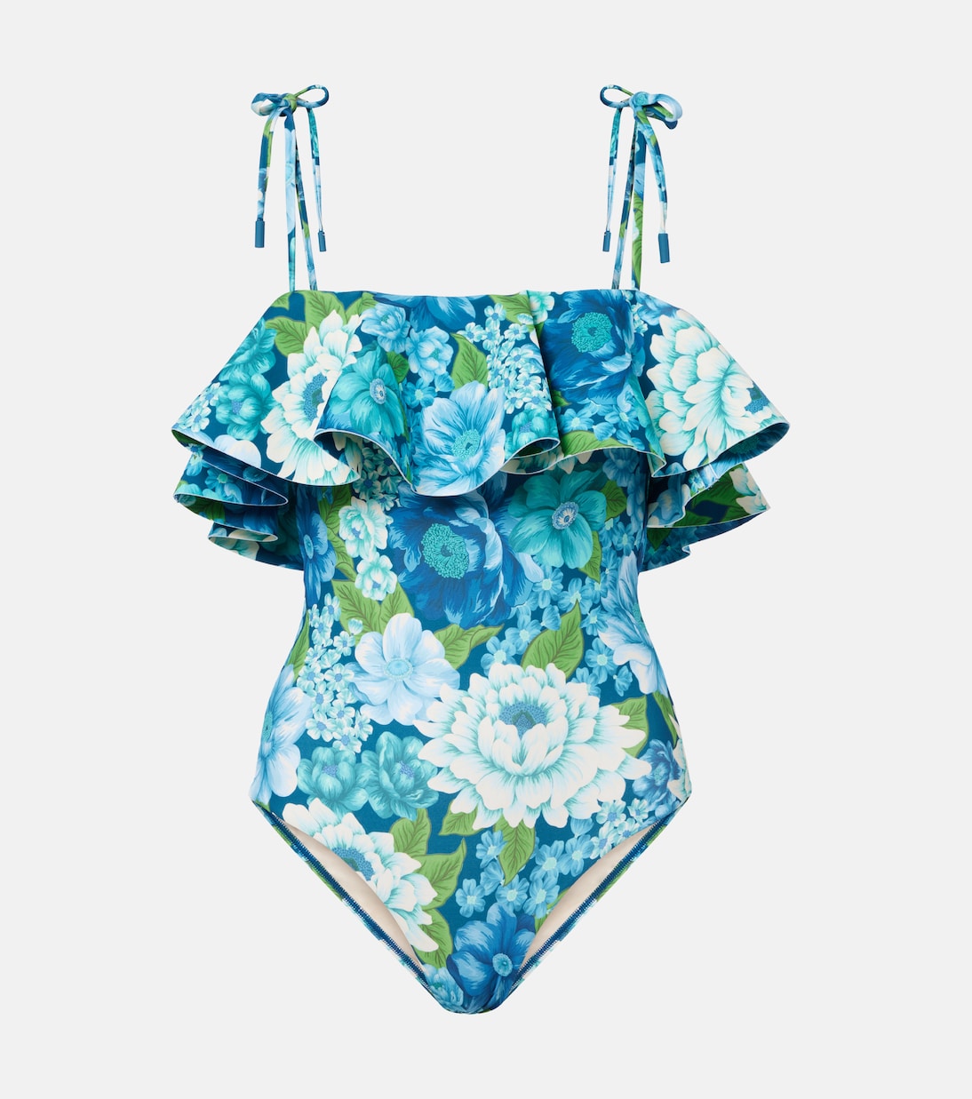 Margo Floral Ruffled Swimsuit in Blue - Alemais