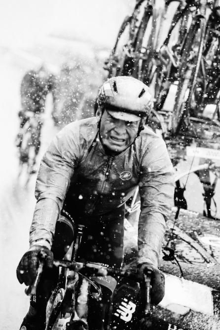 Garmin-Sharp's Robbie Hunter makes his way to the bus in Ovada as one of the worst hit riders during the never to be forgotten Milano-Sanremo snowstorm.