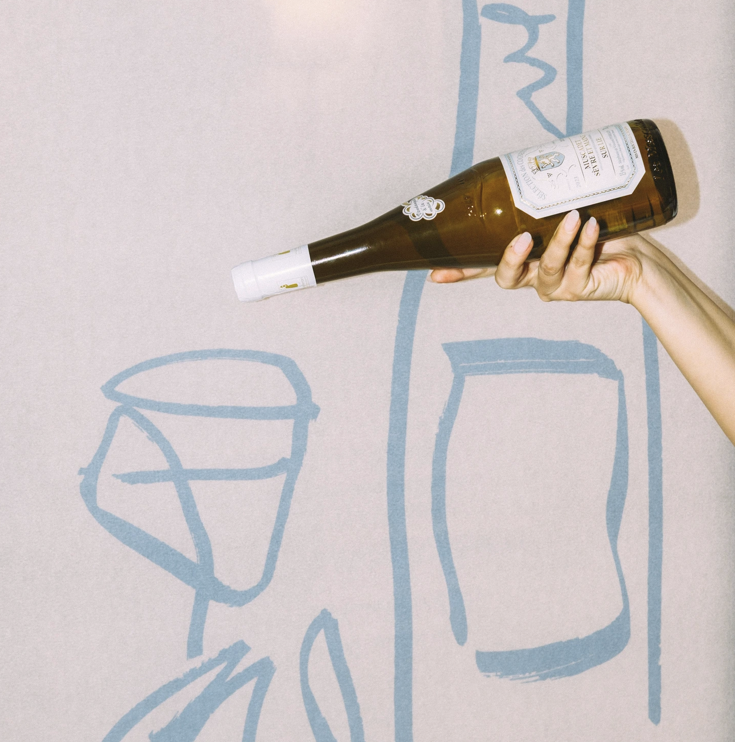 an image of someone holding a bottle of white wine against a white painted walll