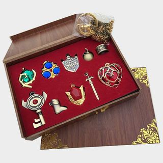 A box of Zelda-themed items on a plain background