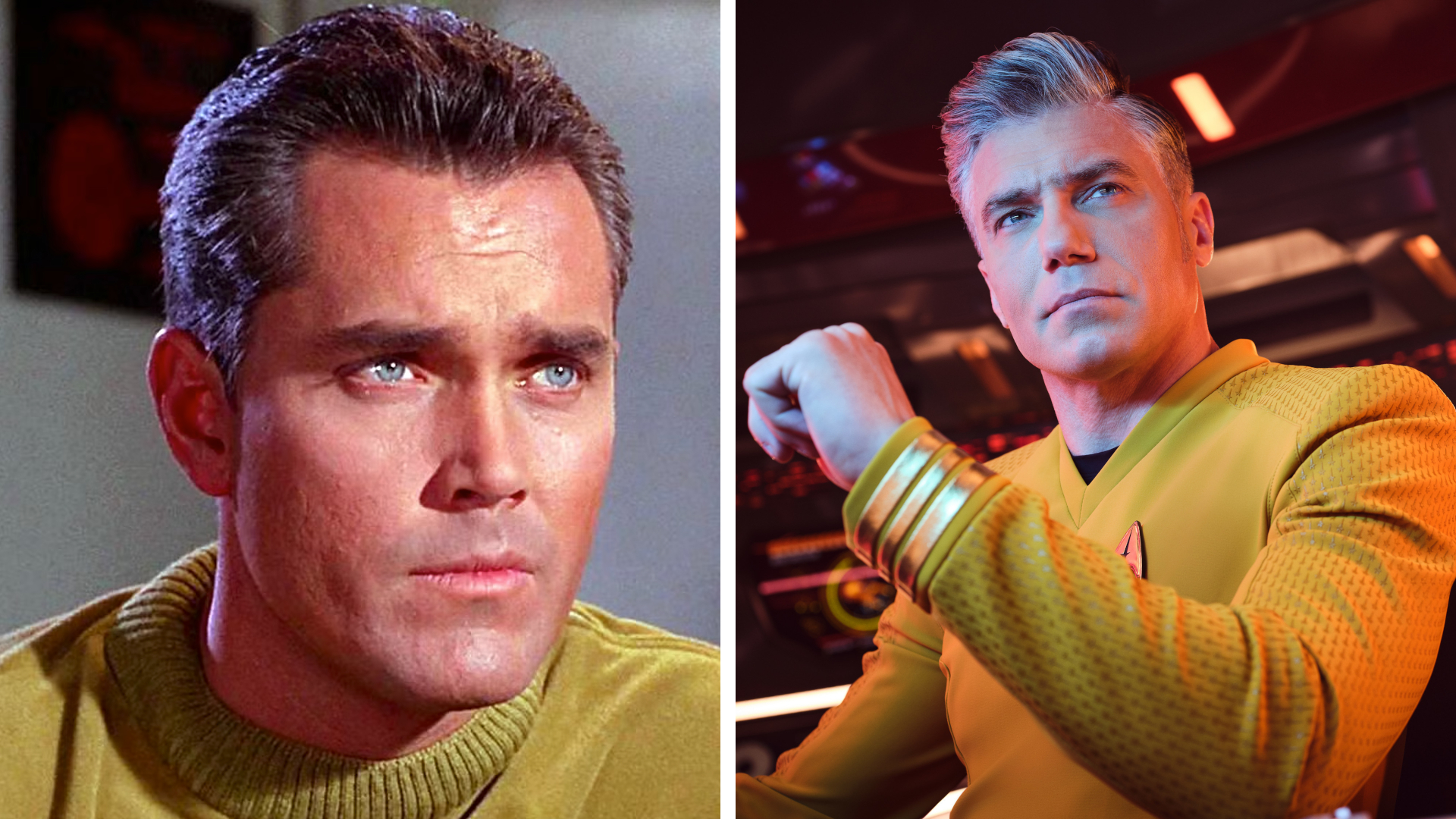 Split image showing Jeffery Hunter (Left) and Anson Mount (Right), who played Captain Christopher Pike in Star Trek: The Original Series and Star Trek: Strange New World,s respectively.