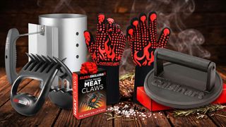 A selection of BBQ essentials against a smoky BBQ background.