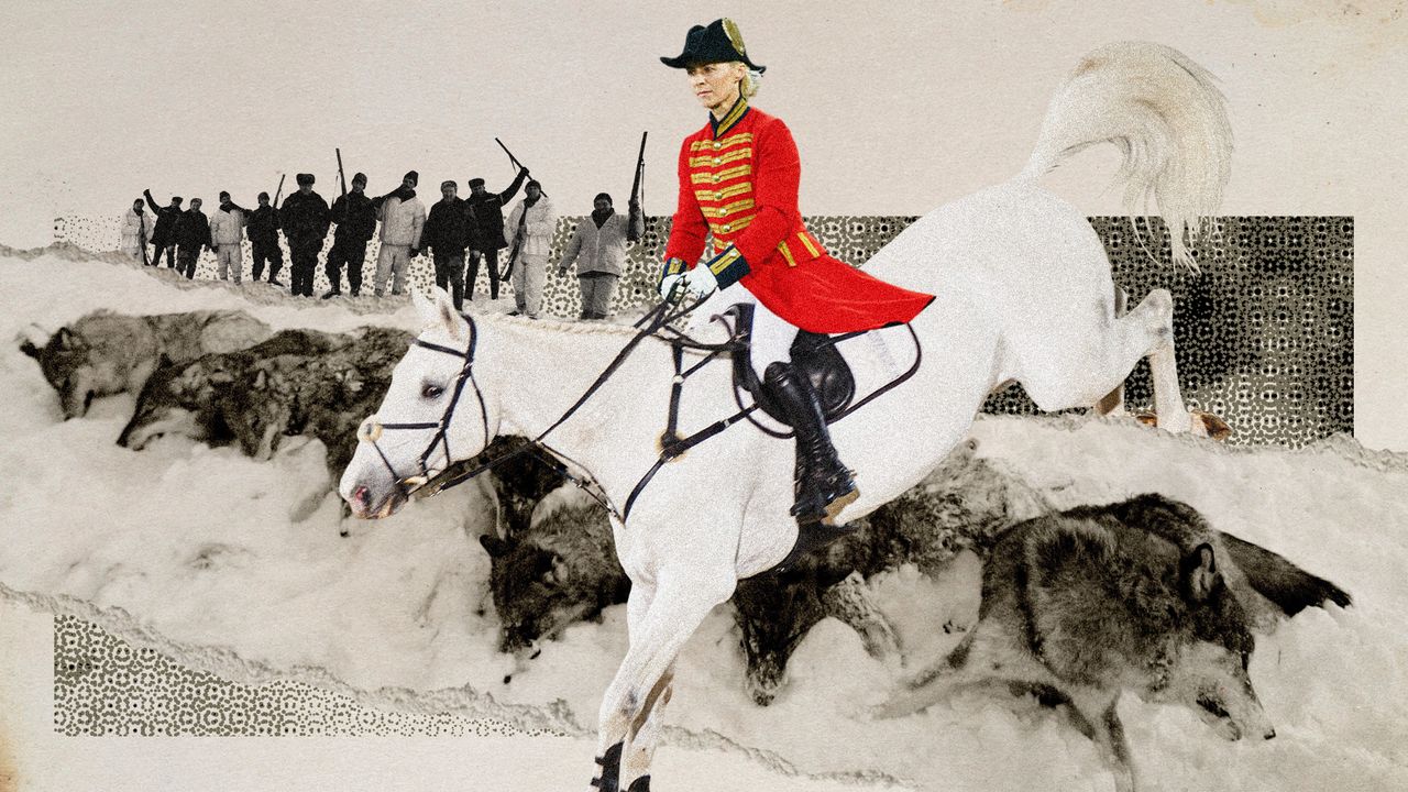 Photo collage of Ursula von der Leyen on a horse, jumping over a row of killed wolves. In the background, a row of men with rifles cheer.