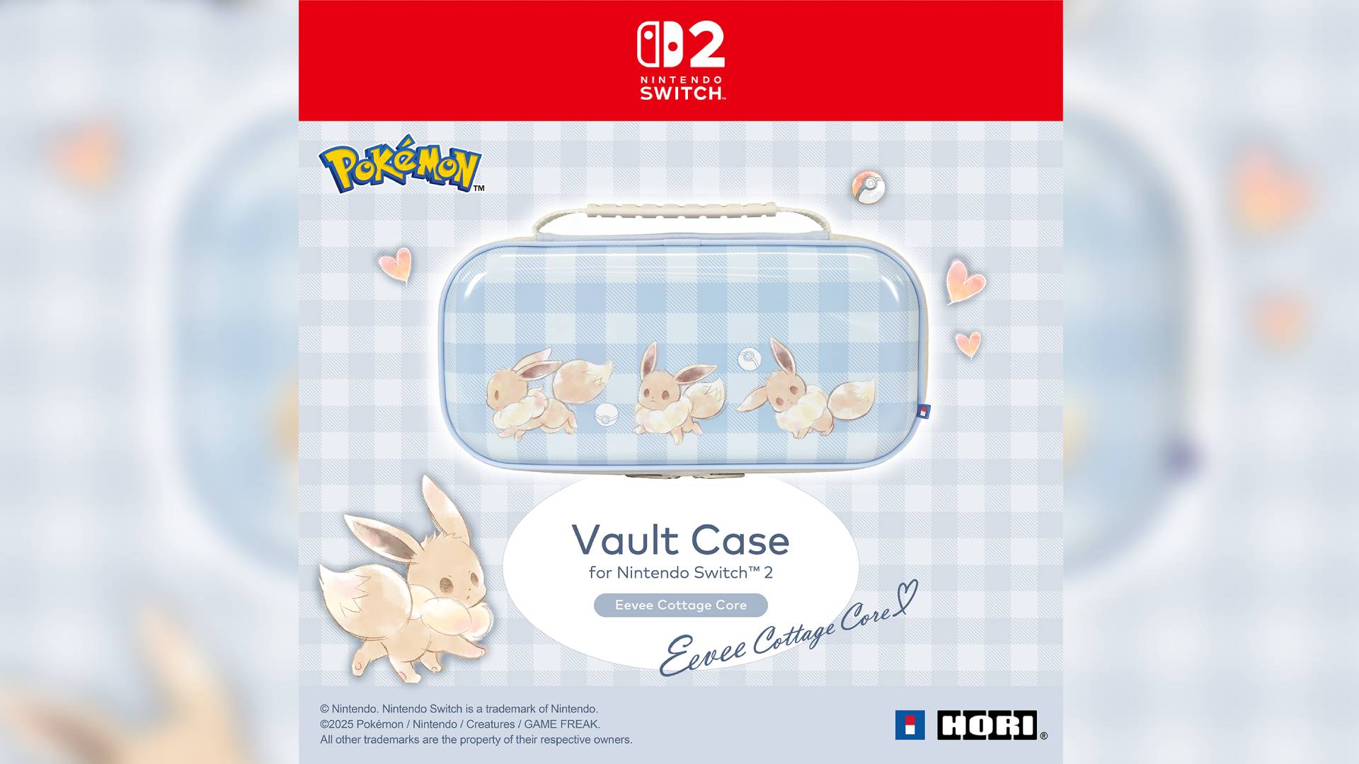 An official promo image of the Evee Cottage Core Vault Case by Hori, which shows a case with three Eevee images, and a blue tartan print.