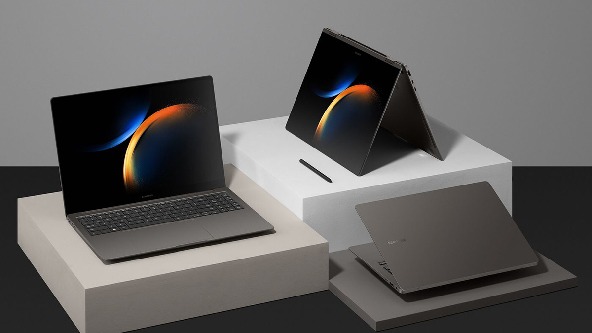 Three Samsung Galaxy Book 3s in various set ups.