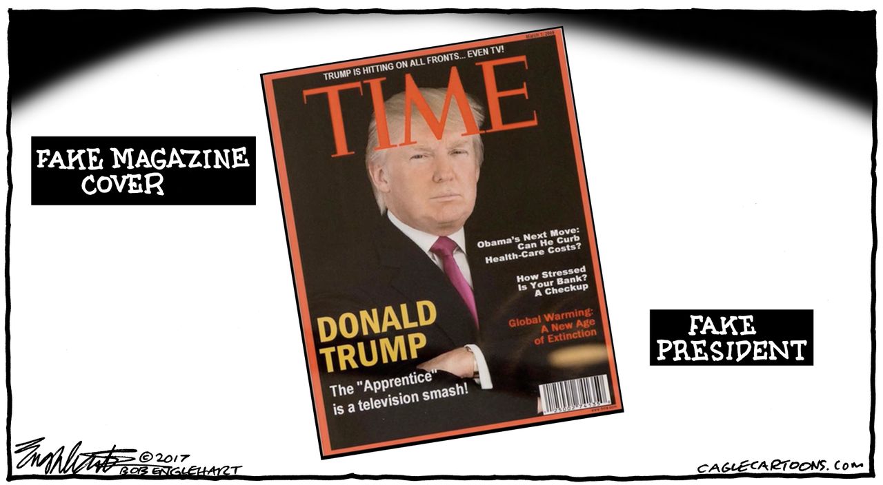 Political cartoon U.S. Trump Time magazine cover fake news