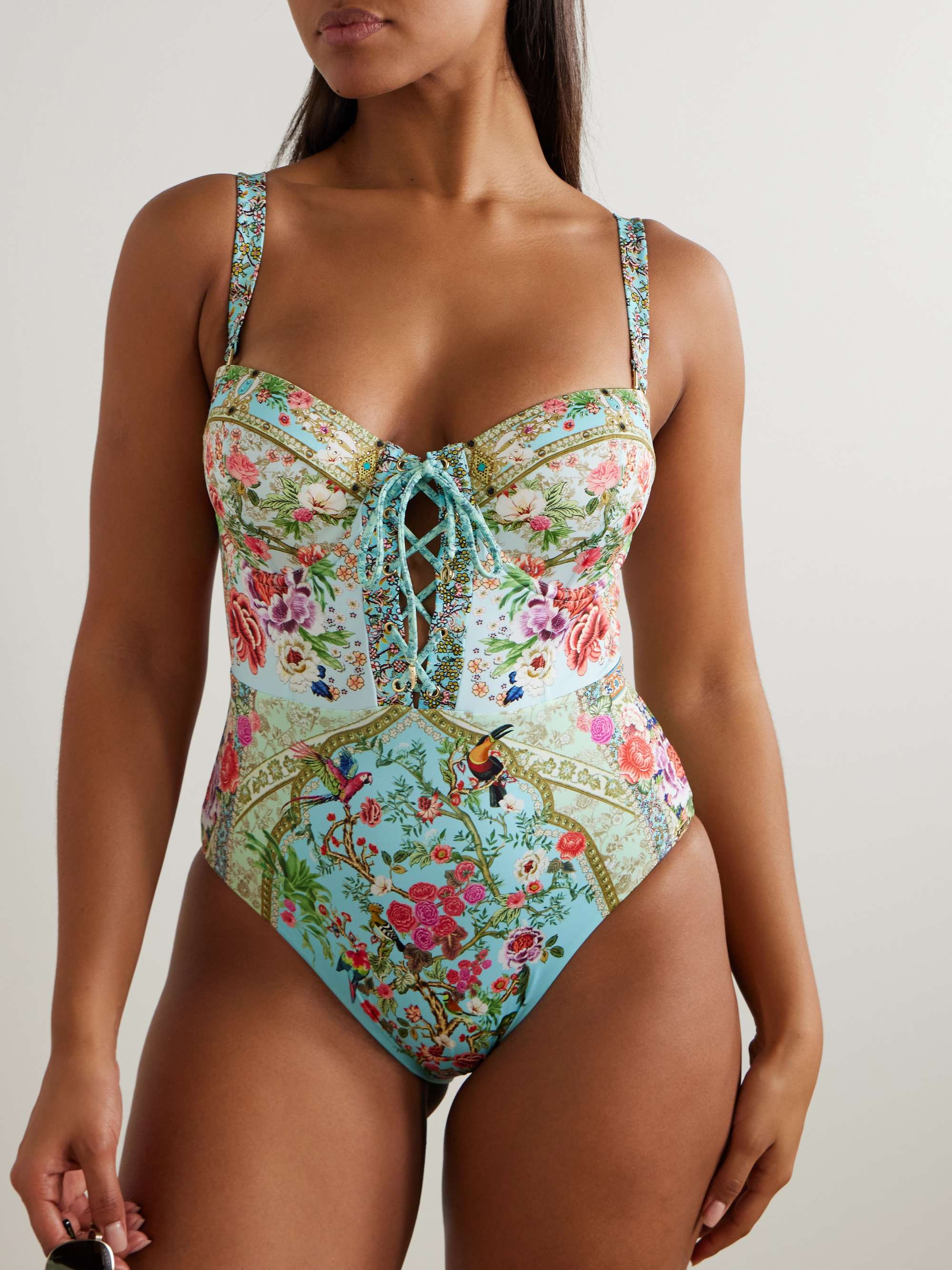 Lace-Up Crystal-Embellished Printed Recycled Swimsuit