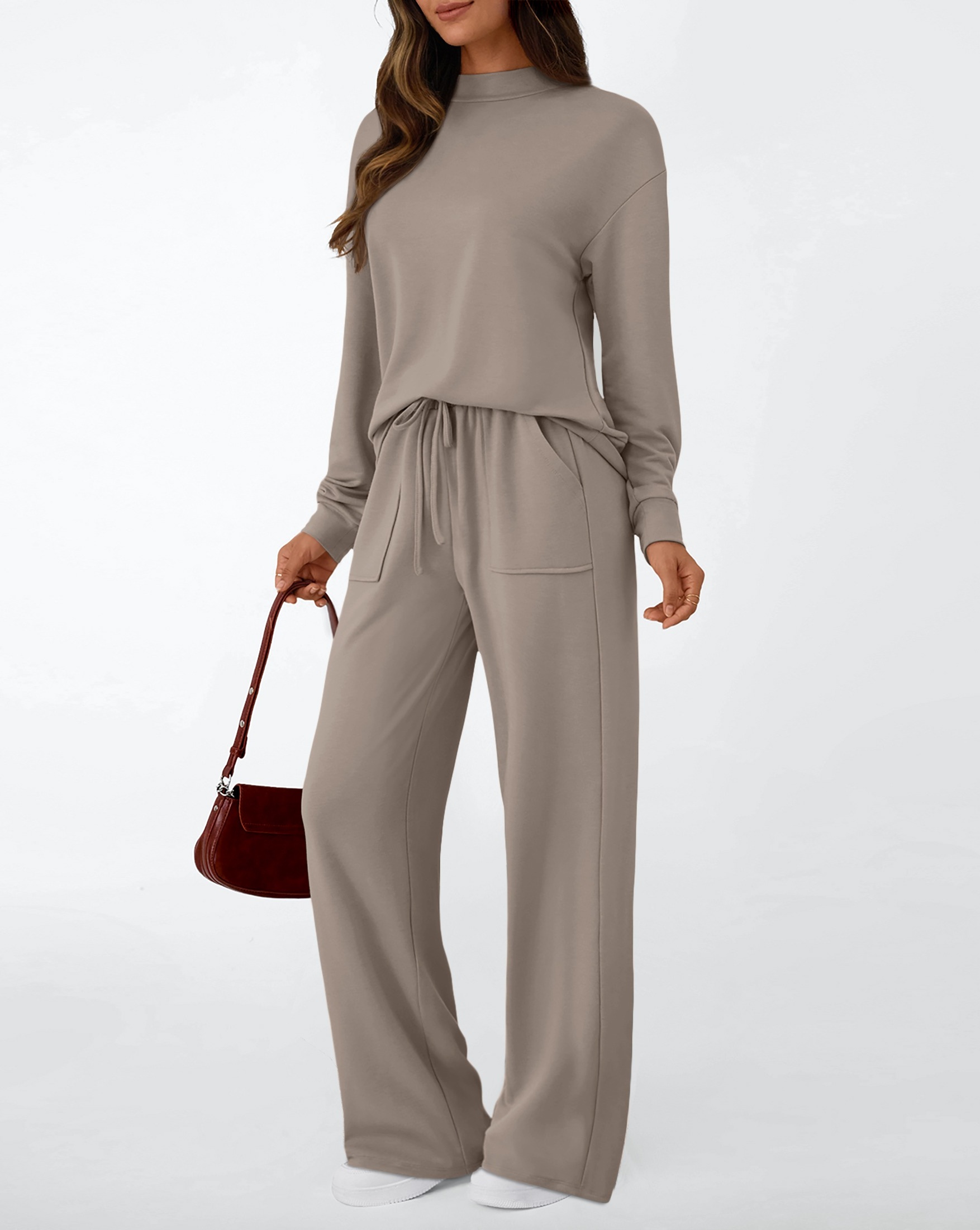 SUNBS, Sunbs Two Piece Sets for Women Fall Outfits Lounge Sets Mock Neck Tops Wide Leg Pants Vacation Travel Airport Outfits