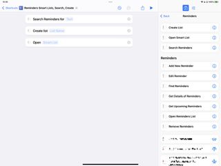 Screenshot of Shortcuts showing the new Reminders actions