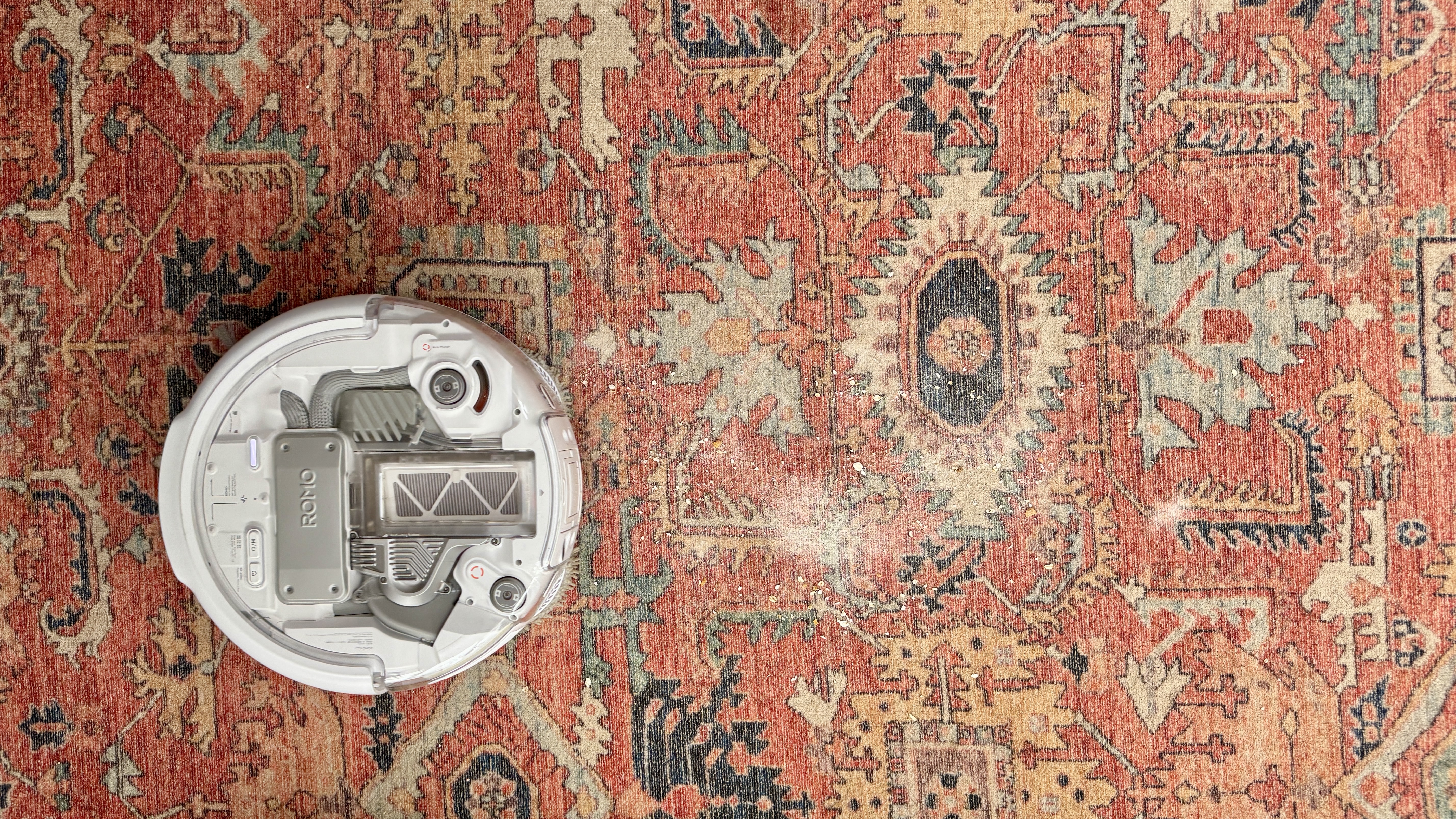 DJI Romo P robot vacuum while vacuuming rug