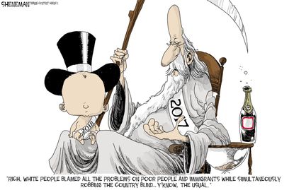 Political cartoon U.S. 2017 New Year 2018 wealth poor immigrants