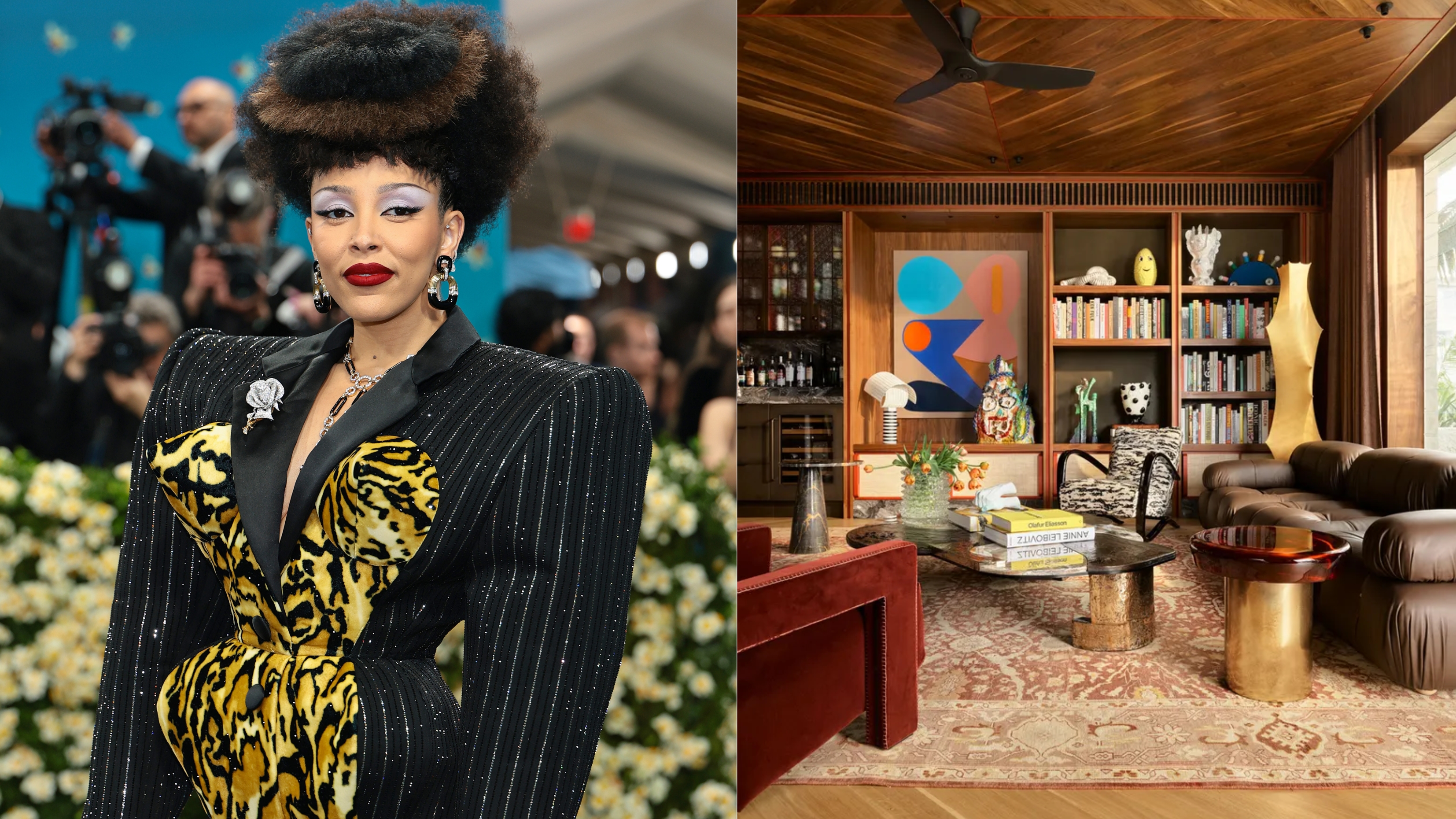doja cat at met gala 2025 / an eclectic room with different styles and shapes of furniture